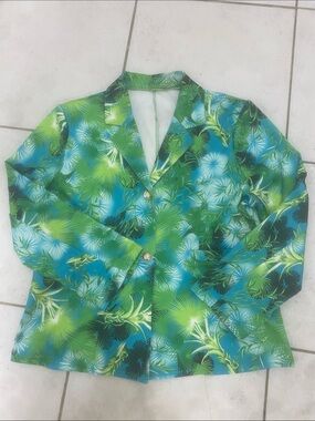 Tropical Print Button Front Blazer - Green & Teal